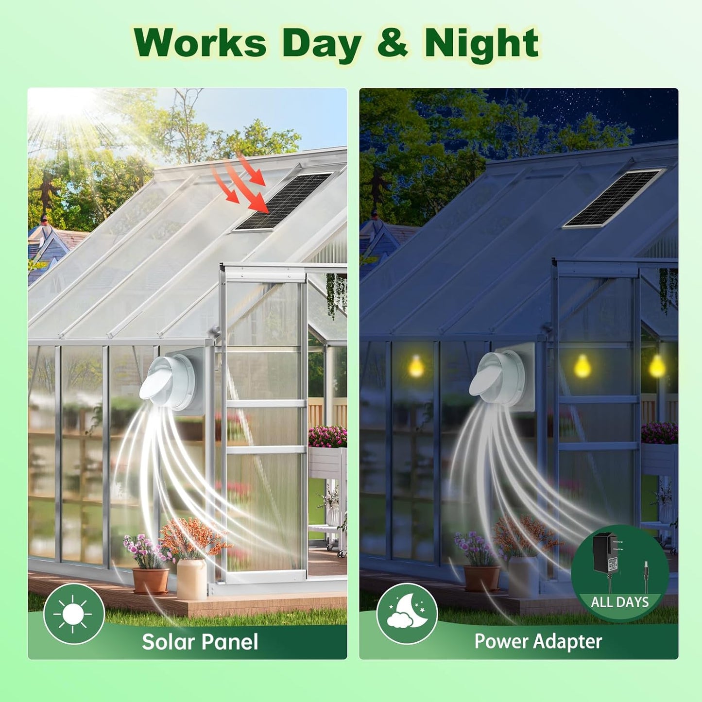 Solar Powered Fan, 9.1" Solar Exhaust Fan Kit, 25W Waterproof Chicken Coop Fans with 14.8Ft On/Off Switch Cable & Power Adapter, Cooling Ventilation for Greenhouse, Shed, Outside, Garages, Dog House