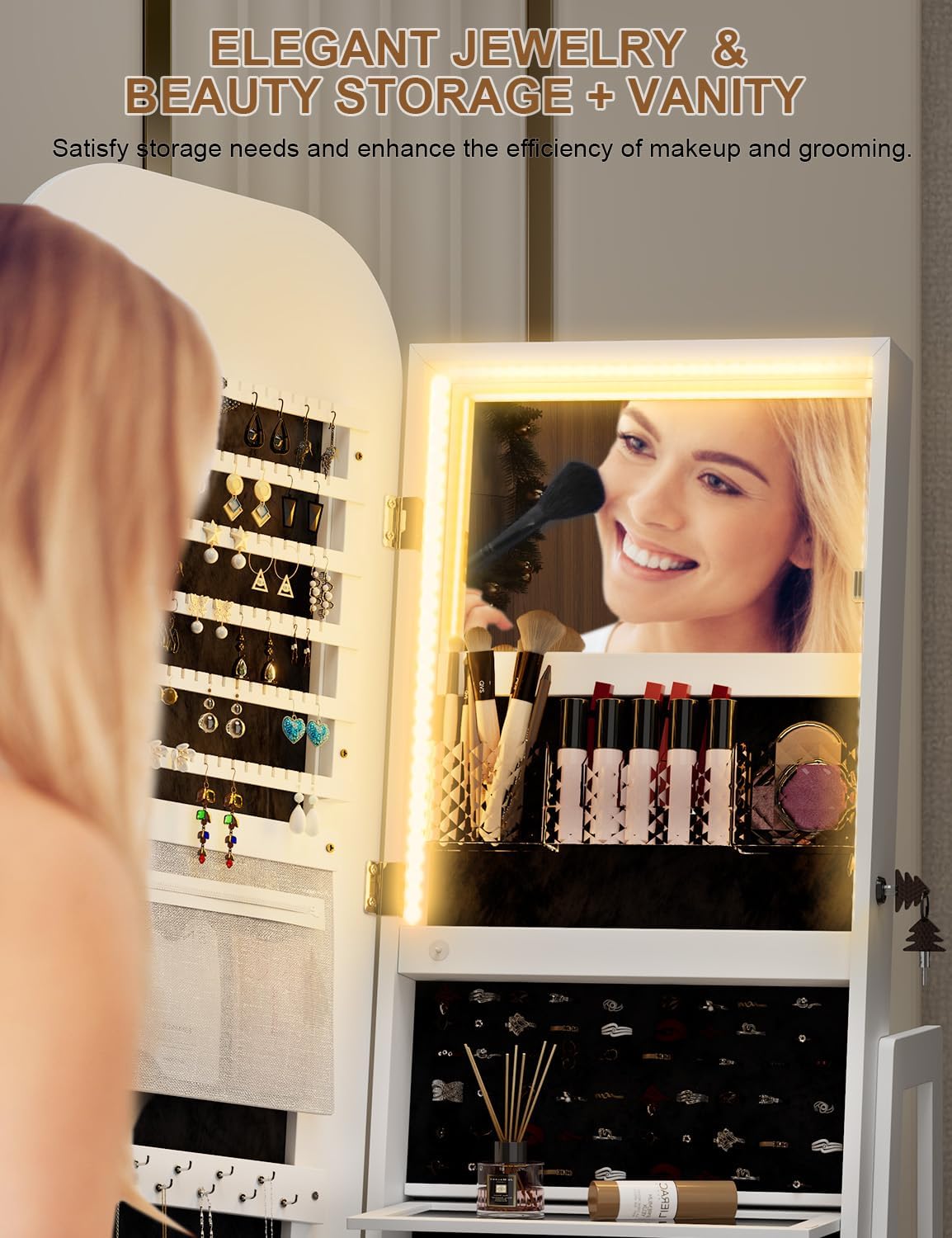 360° Swivel Jewelry Cabinet with Lights - RGB Vanity Mirror | Rotatable Full Length Mirror with Jewelry Storage, Standing Jewelry Armoire Organizer, Foldable Makeup Shelf Ideal Gift (White)