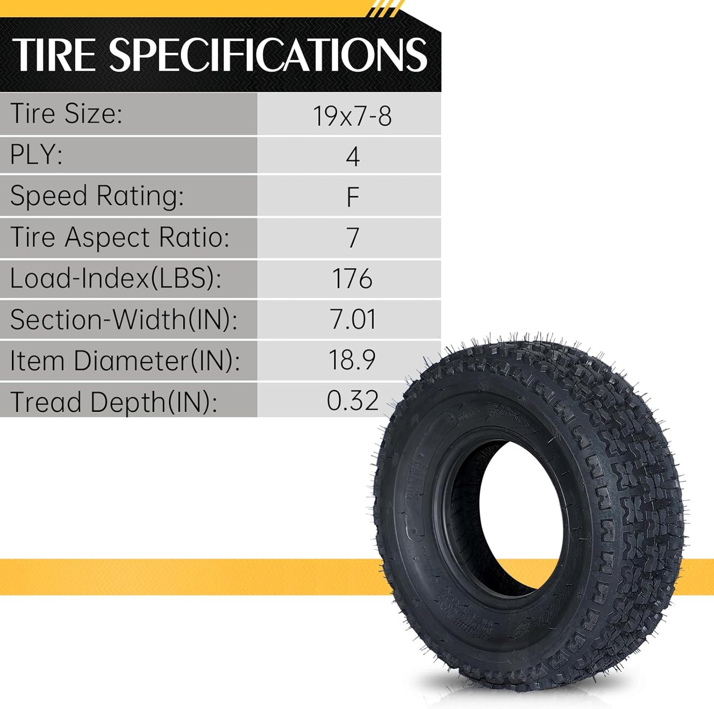 AutoForever Set of 4 Sport ATV UTV Tires 19x7-8 Front & 18X9.5-8 Rear 4PR All Terrain Tubeless Tires 19x7x8 18x9.5x8