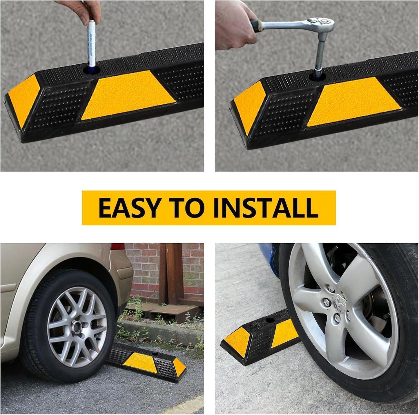 2 Pack Rubber Curb Parking Garage Floor Stopper, 72.8 in 55000 LBS Capacity Extra Wide Rubber Parking Lot Stopper with 8 High Reflective Yellow Safety Stripes for Vehicles Truck Driveway