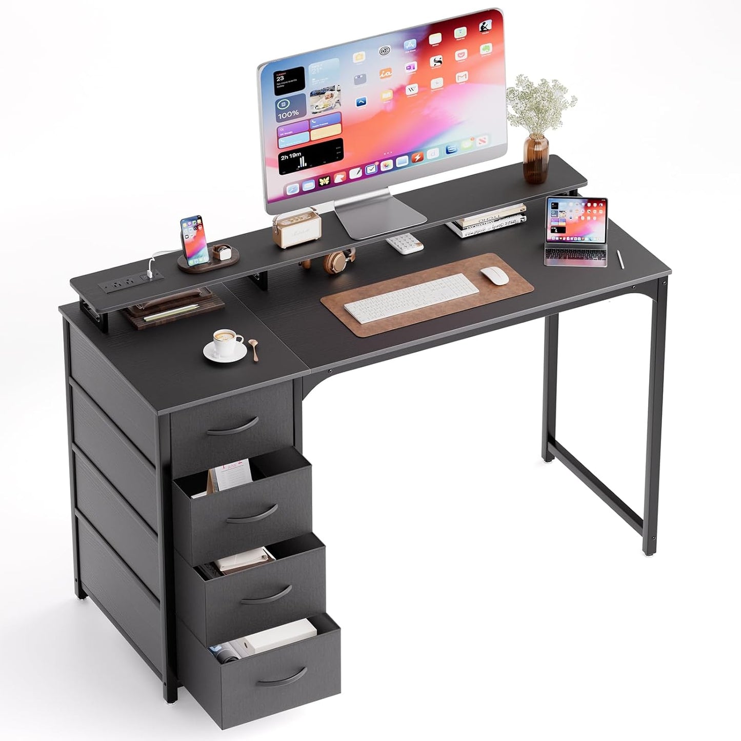 47-inch Computer Desk with 3 Drawers, Small Home Office Desk with Storage Shelves and Sturdy Metal Frame, White