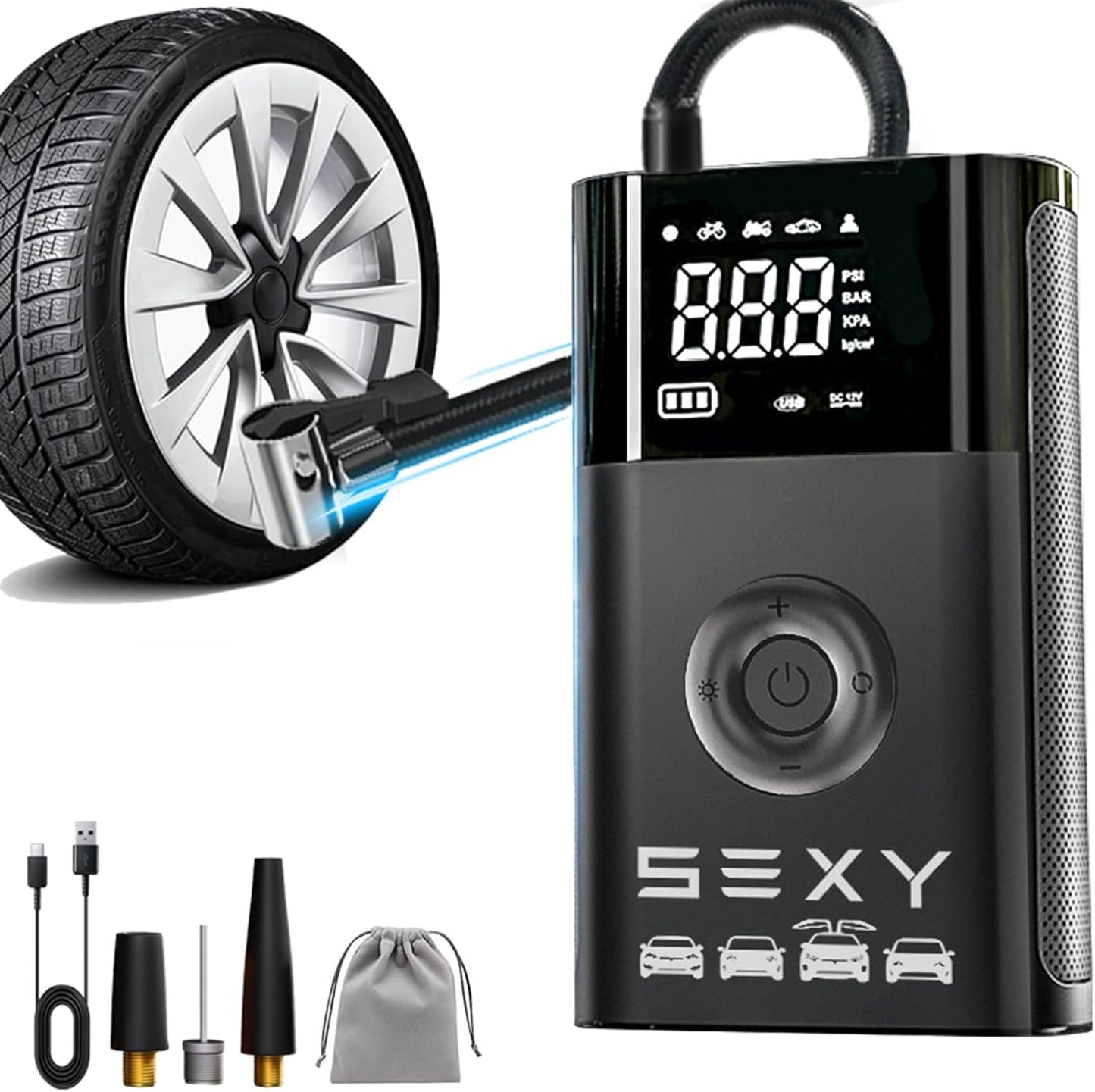 Tire Inflator Air Compressor for Tesla Model 3 Y X S,Cordless Portable Air Pump,2025 Tesla Model Y 3 X S Accessories with Tire Pressure Gauge and Emergency Light,Multipurpose Tire Pump