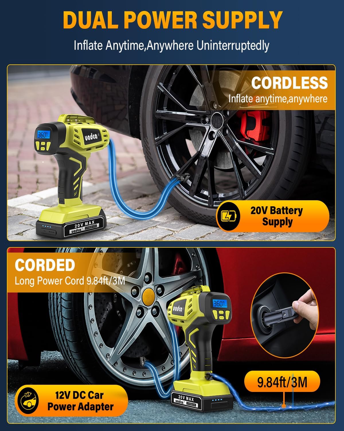 Tire Inflator Portable Air Compressor, 160PSI Handheld Air Pump, 20V Rechargeable Battery Powered, with 12V Car Power Adapter, Digital Pressure Gauge, for Cars, Motorcycles, Bikes, Balls