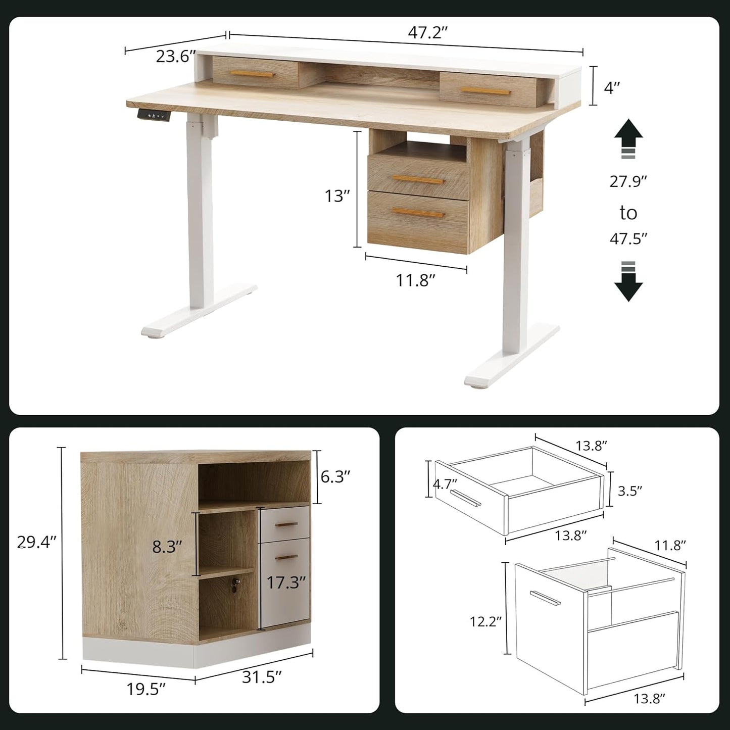 47.2'' Standing Desk with File Cabinet, Height Adjustable Electric Sit Stand Desk, Lateral File Cabinet, Computer Workstation for Home Office, Light Walnut