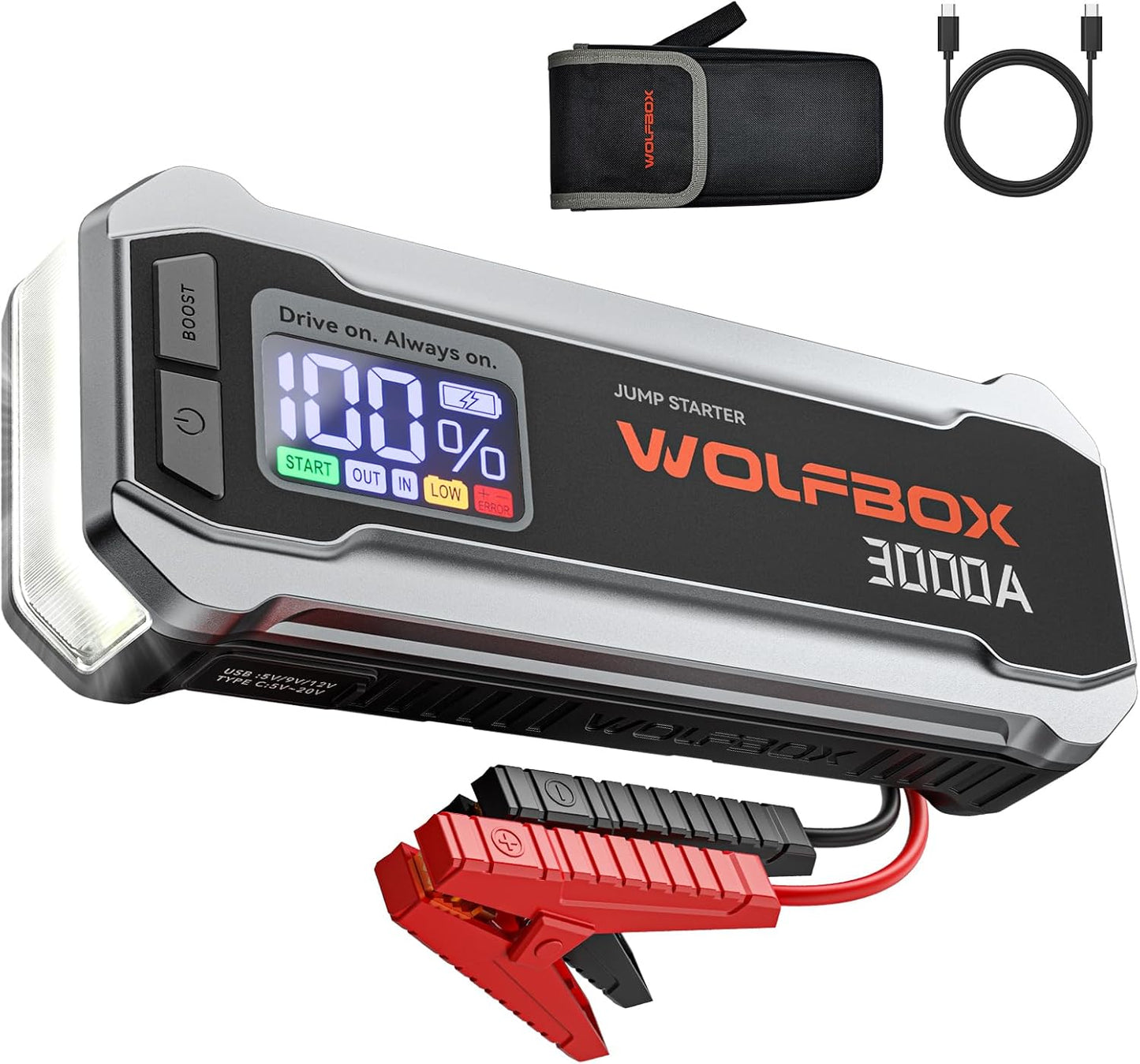 WOLFBOX 2000A Jump Starter, 12000mAh Battery Jumper Starter Portable with LED Display, 12V Car Battery Jump Starter Pack (7L Gas 6L Diesel Engine) with Booster, LED Light, Jumper Cables (NO Adapter)