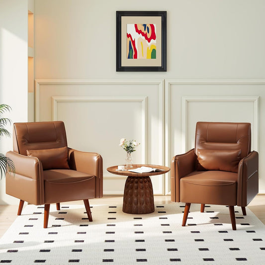 Bonzy Home Mid-Century Modern Faux Leather Accent Chair Set of 2 for Living Room,Upholstered Armchair with Pillow and Solid Wood Legs, Comfortable Lounge Chair for Bedroom or Office,Brown