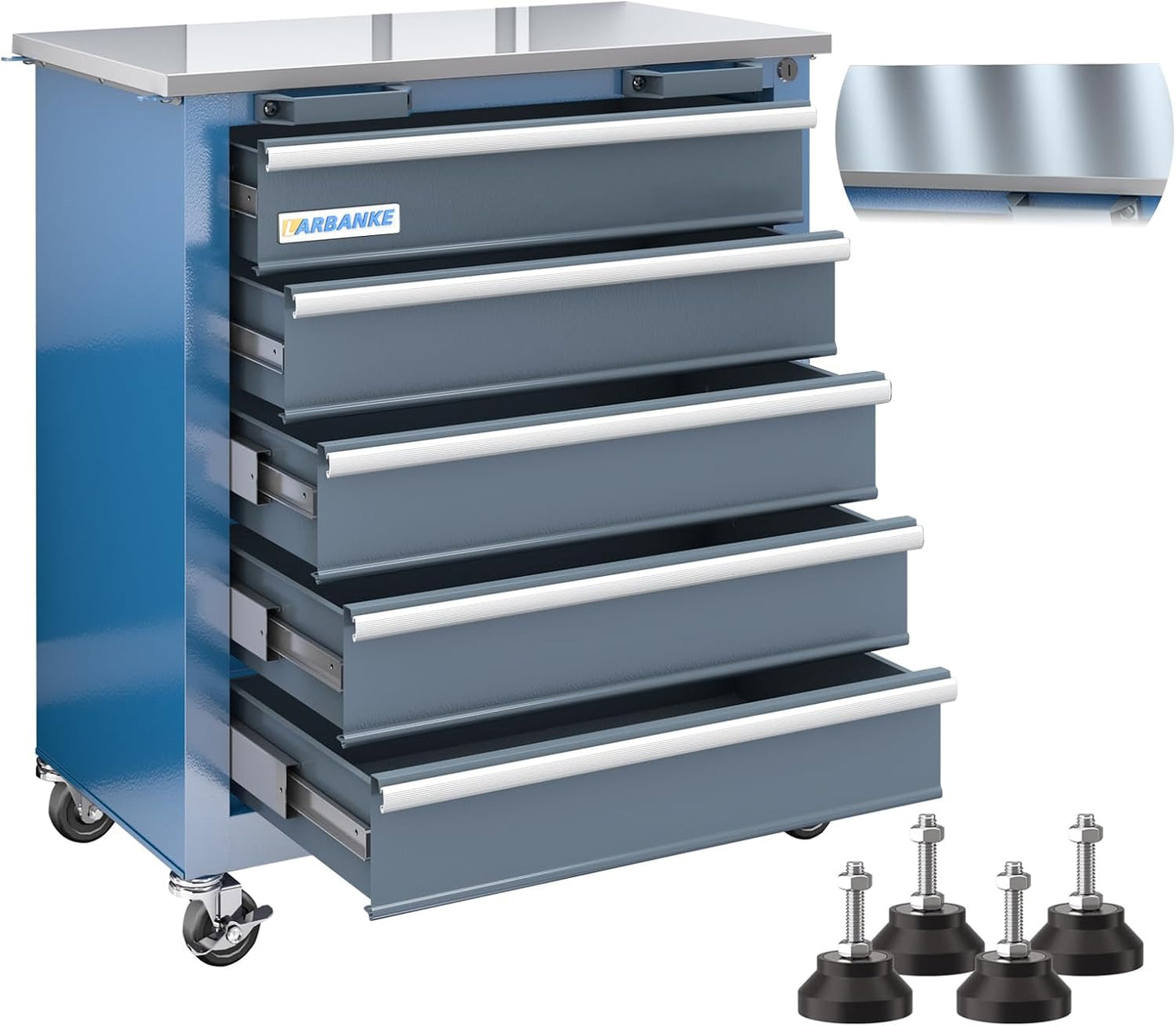 5-Drawer Rolling Tool Chest,Tool Chest with Keyed Locking System, with Wheels and Foot Pads,Rolling Tool Cabinet with Stainless CounterTop and Drawer Liners,Unique Link Buckle for Connecting
