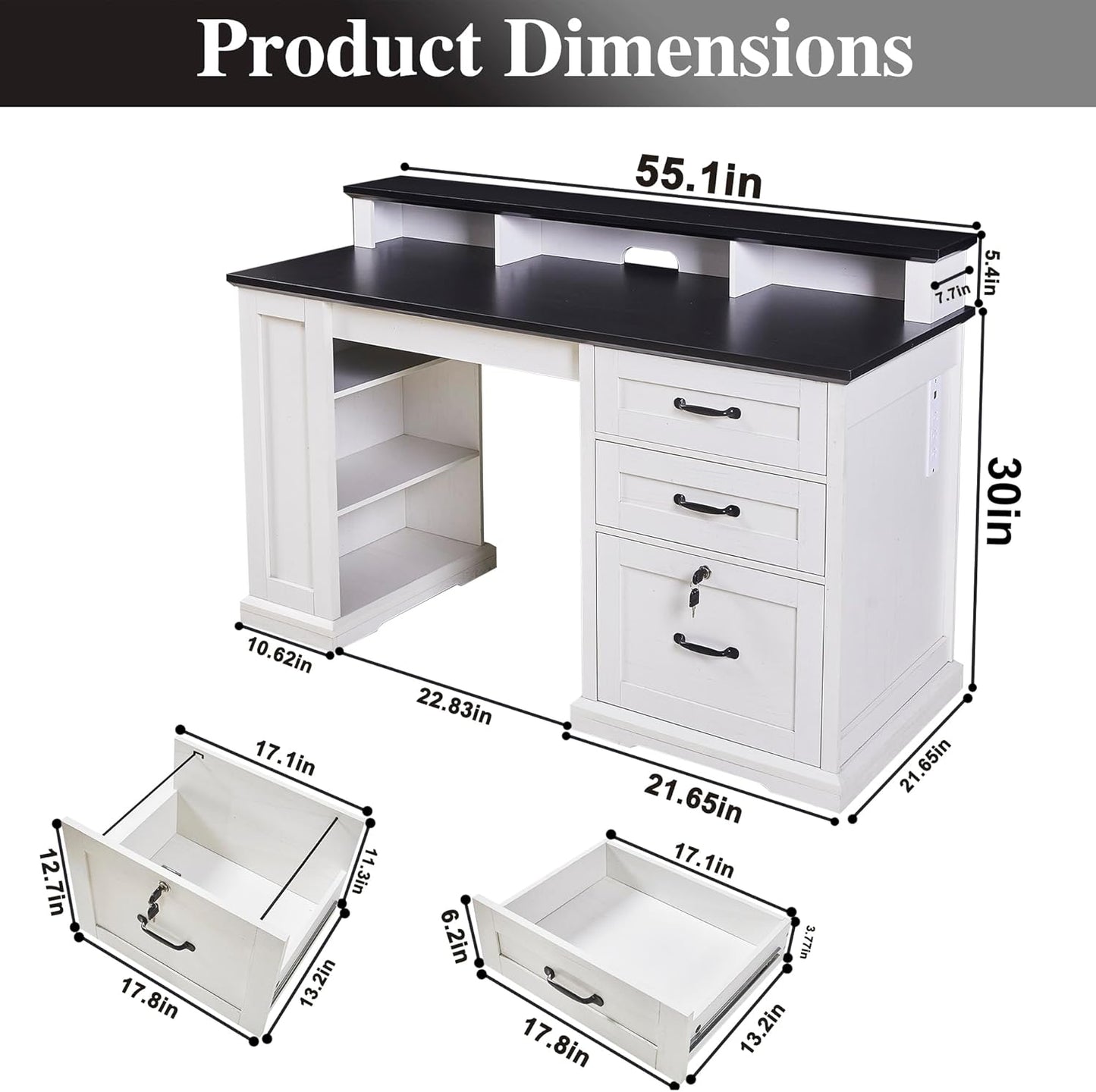 55" Farmhouse Executive Desk with Charging Station,Home Office Desk with 2 Drawers,Lockable File Cabinet and Side Bookshelf,Farmhouse Computer Desk with Monitor Stand