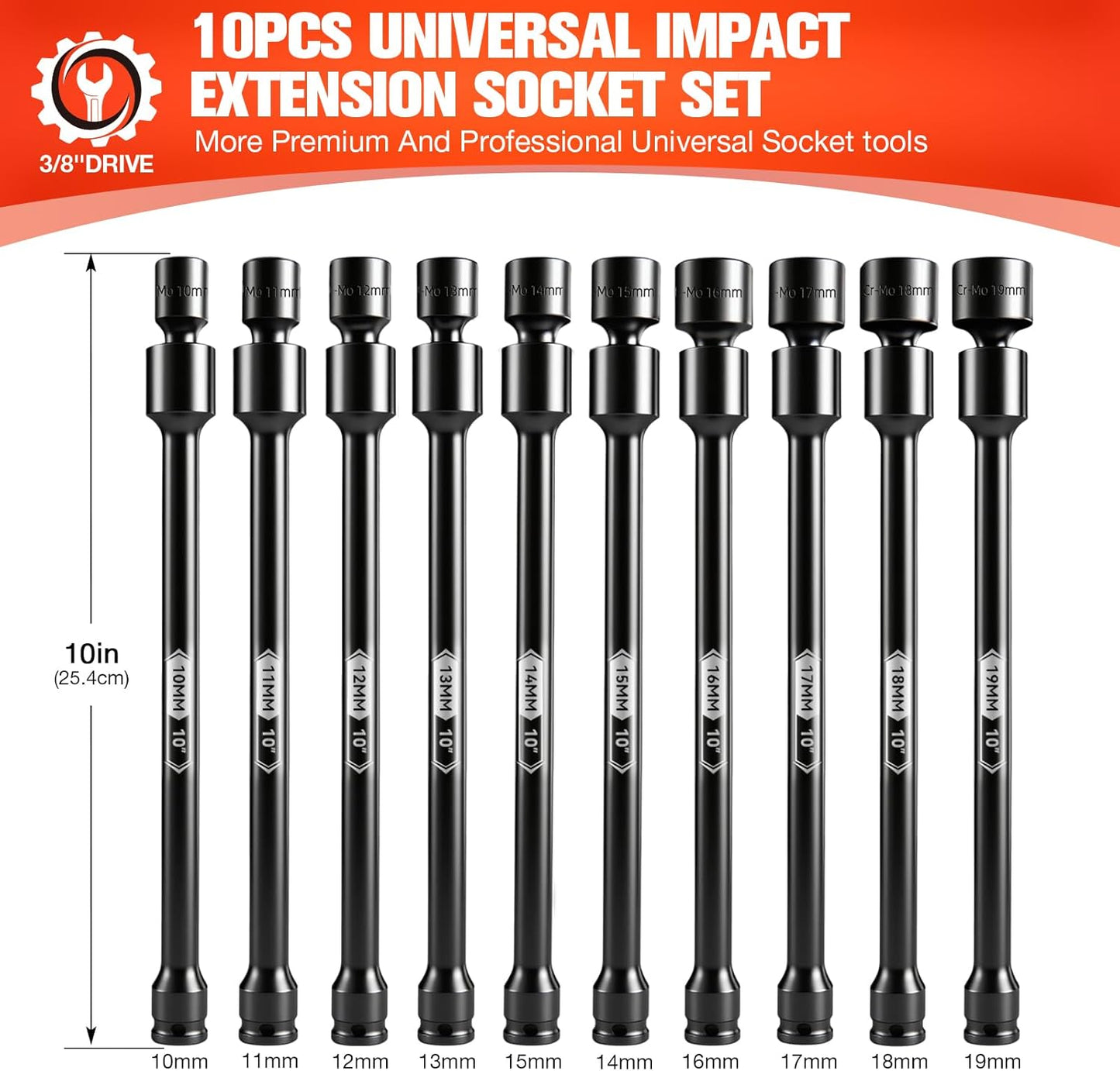 BLACKROBOT 10-Inch 3/8" Drive Impact Swivel Extension Socket Set - Pinless Universal Joint, Metric Size (10-19mm), 6-Point, Cr-Mo Steel
