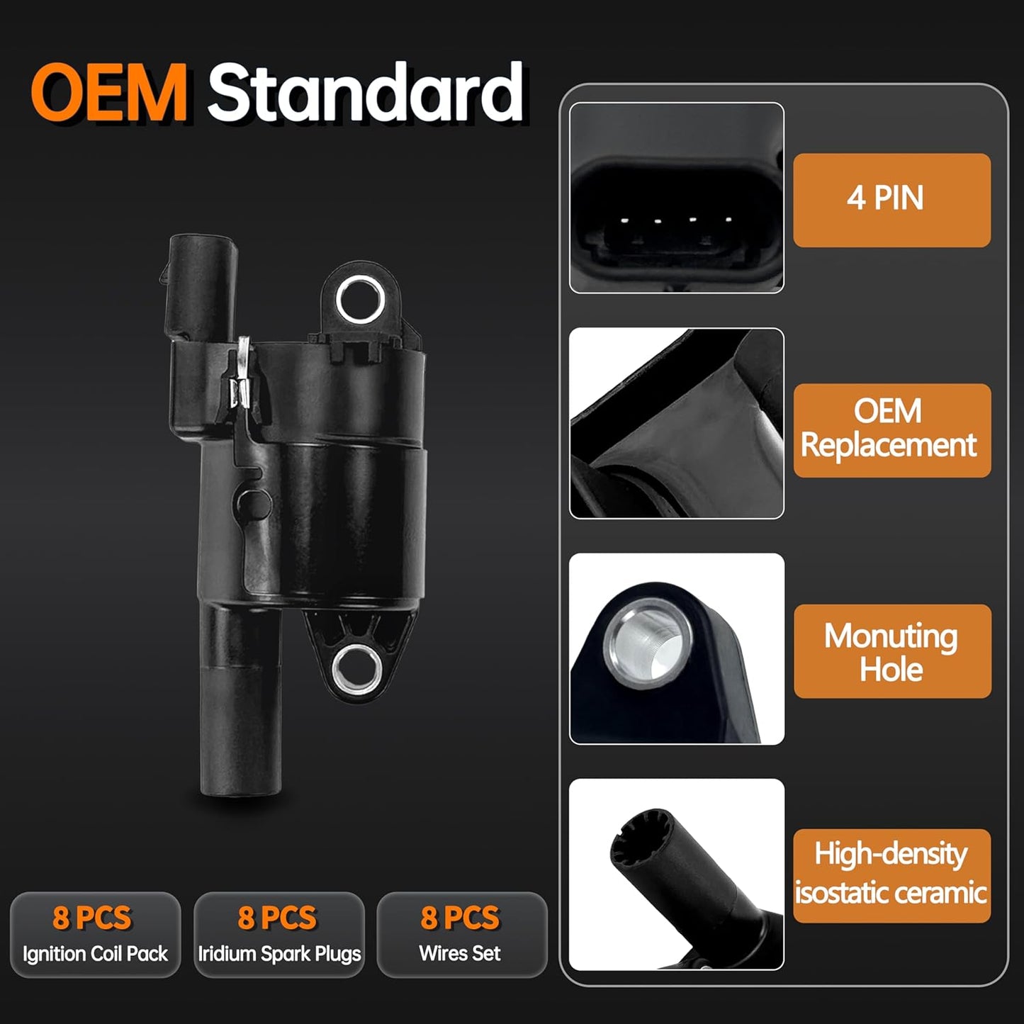 Set Of 8 UF414 Round Ignition Coil Pack Compatible with V8 4.8 5.3 6.0 Chevy Express Silverado 1500 2500 3500 Tahoe Avalanche/GMC Yukon Sierra Savana Envoy/Cadillac Escalade Replace# C1512 5C1555