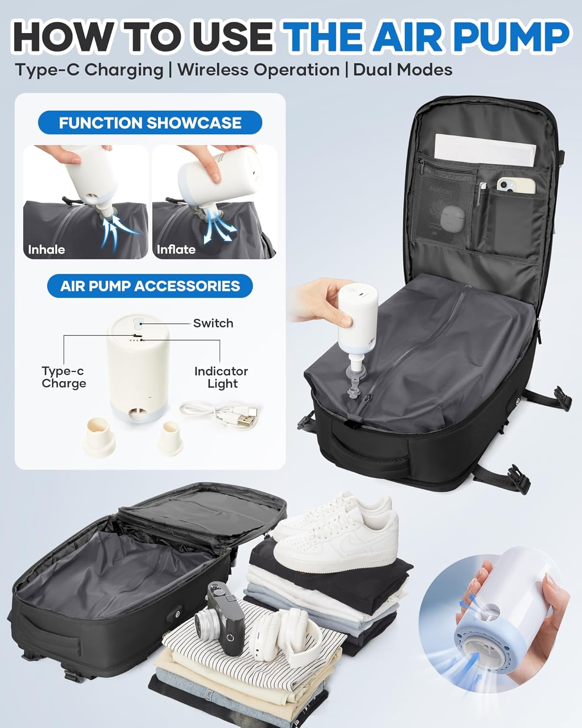 Vacuum Seal Travel Backpack with Air Pump Compression Vacpack Waterproof Carry On Backpack for Travel Women men with Vacuum System Laptop Airlines Approved Daypack Space Saver Bags Black