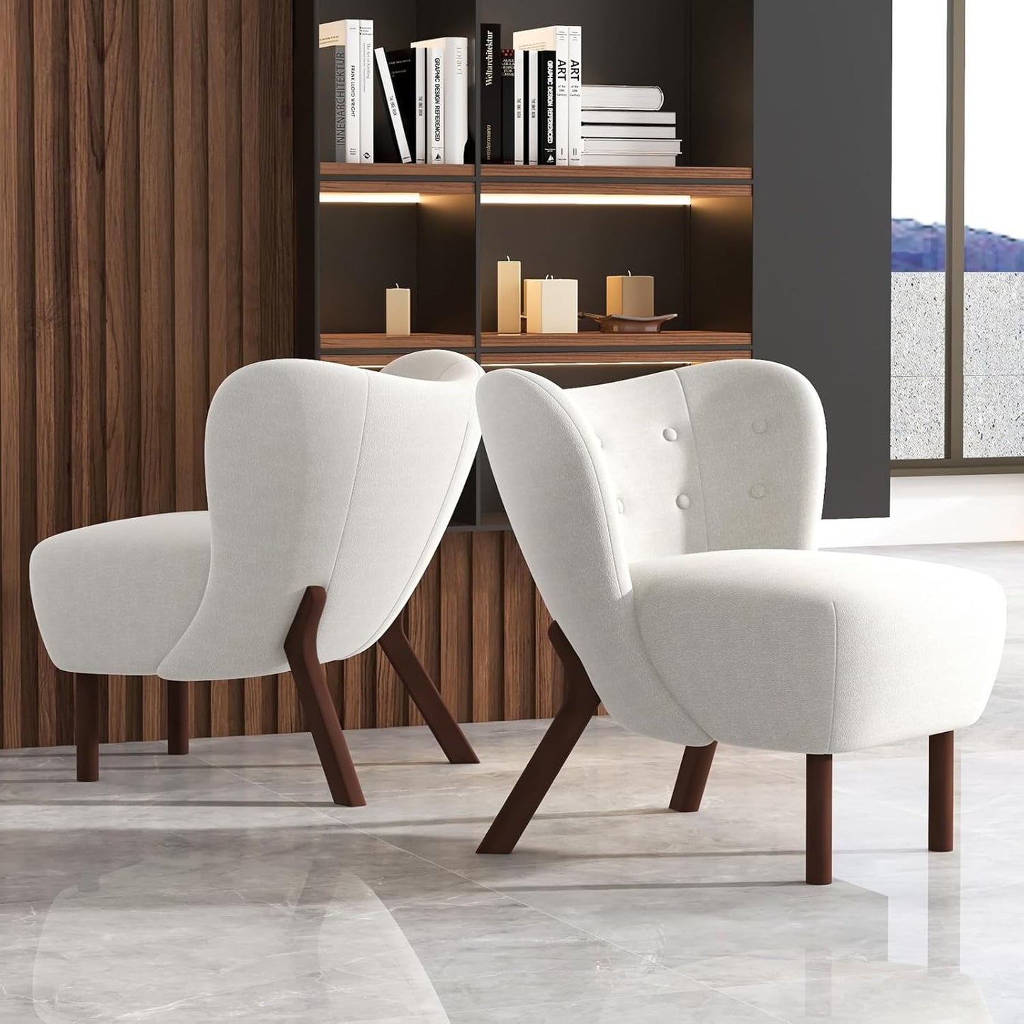 Bonzy Home Modern Accent Chair, Fabric Upholstered Wingback Side Chair with Wooden Legs, Slipper Chair for Living Room, Bedroom, Entryway, White