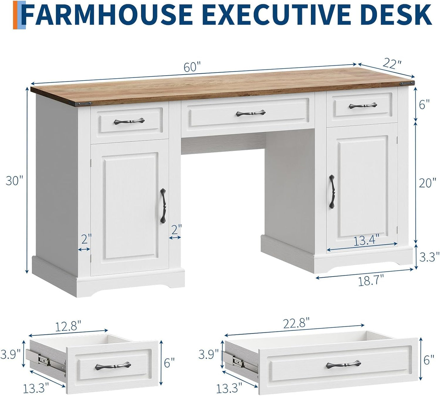 60" Executive Desk with Drawers, Farmhouse Home Office Desk with Storage Cabinets, Rustic Computer Writing Desks, Wood Computer Desks Workstation for Study and Work, Antique White