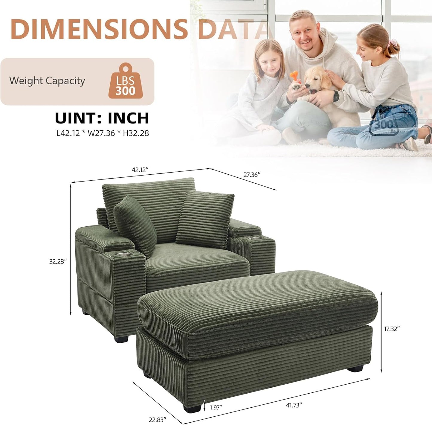 50" Oversized Chaise Lounge Chair Indoor with Ottoman and Storage, Deep Seat Upholstered Reading Chair, Comfy Corduroy Sleeper Chair with Cup Holder, Reclining Chair for Living Room, Bedroom, Green