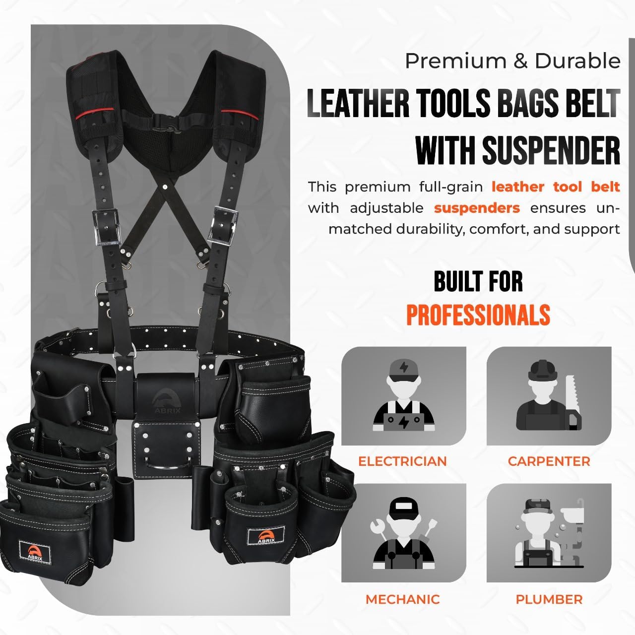 ABRIX Leather Tool Belt for Men – Heavy Duty 28 Pocket Tool Belts with Suspender, Adjustable (Fits 30" to 50"), – for Carpenters, Electricians, Contractors (Black, Extra Large)