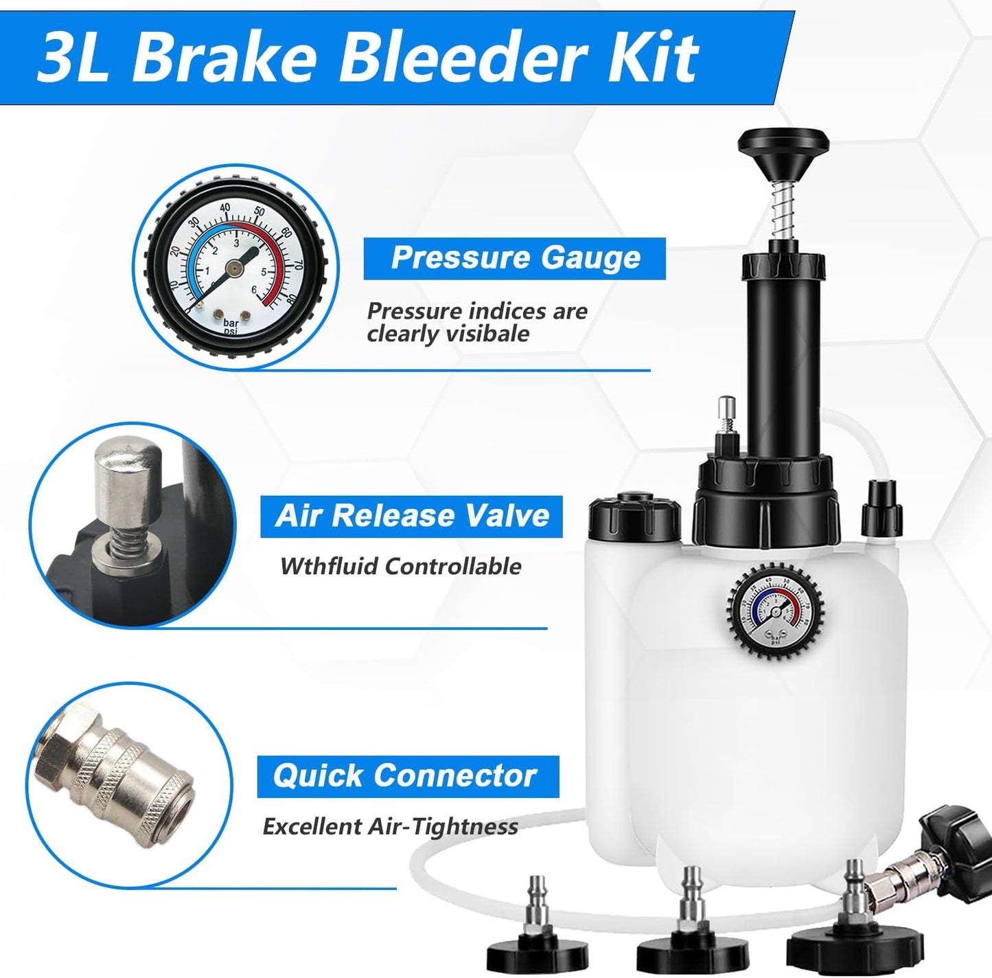 3L Brake Bleeder Kit One Man Brake Bleeder Vacuum Pump Kit Pressure Brake Fluid Bleeding Kit with 1L Brake Bleed Bottle and 4 Master Cylinder Adapters