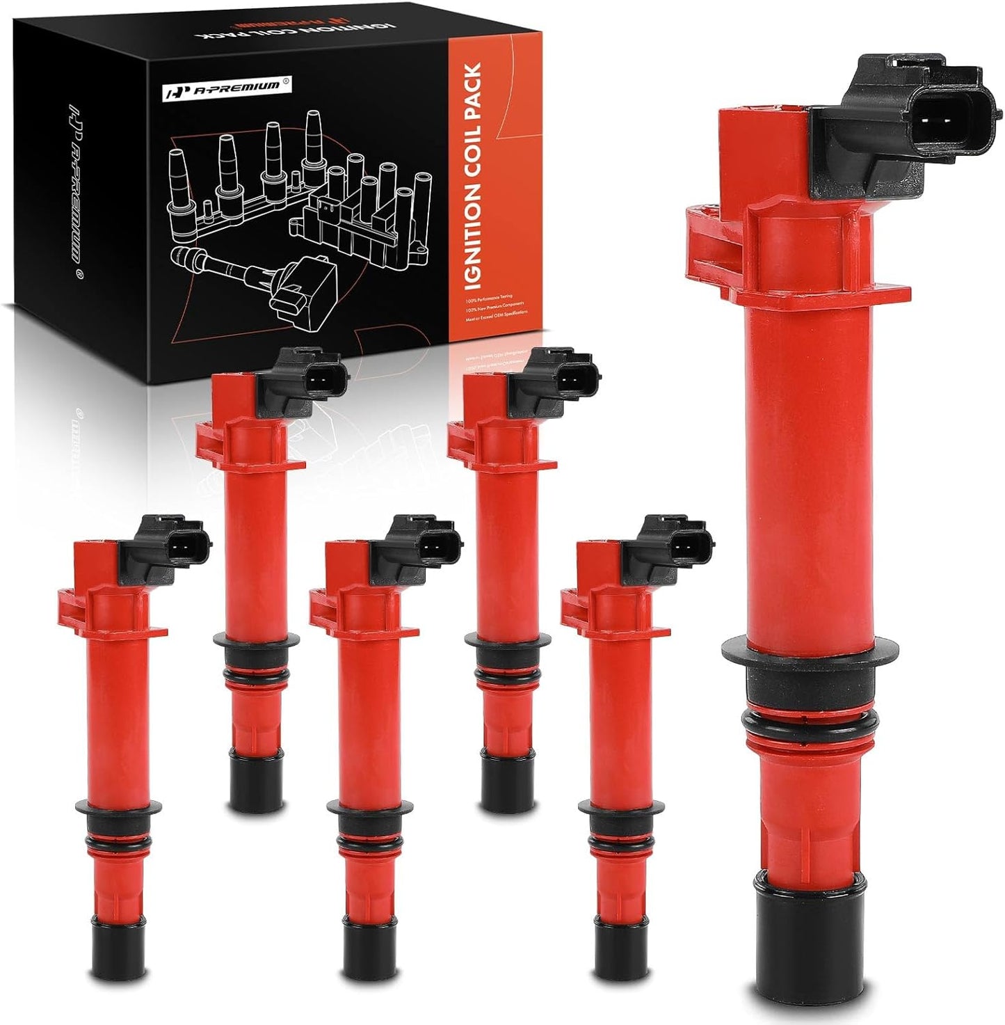 A-Premium (Red) Engine Ignition Coil Pack Compatible with Dodge Ram 1500 2002-2008, Dakota 2004-2008 & Jeep Grand Cherokee, Liberty & Mitsubishi Raider, V6 3.7L 3.9L, Replace# 56028138, 6-PC Set