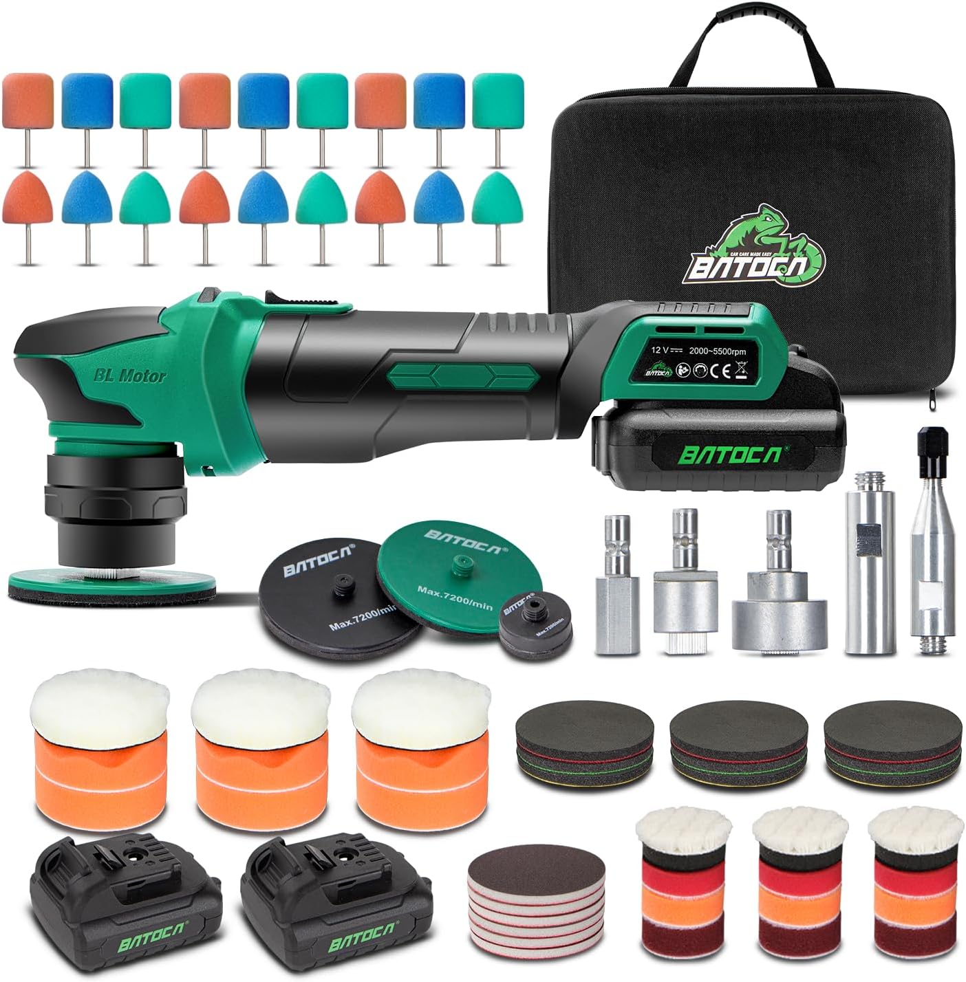 BATOCA S4 Cordless Polisher 3"/1" DA/RO Polisher- Brushless Motor & S2 Cordless Car Buffer - LED Display, 5Ah+2.5Ah Interchangeable Batteries for Car Detailing, Headlight Restoration, PRO Combo Kit