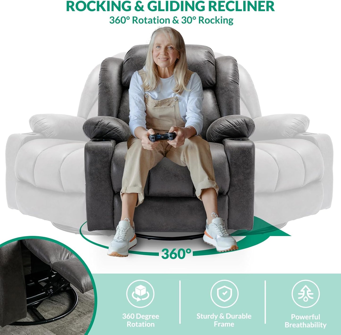 VIVIJASON Manual Swivel Rocking Glider Recliner Chair with Heat & Vibration Massage, 360° Swivel Overstuffed Reclining Chair with 2 Cup Holders, Side Pockets & USB Ports for Living Room, Gray