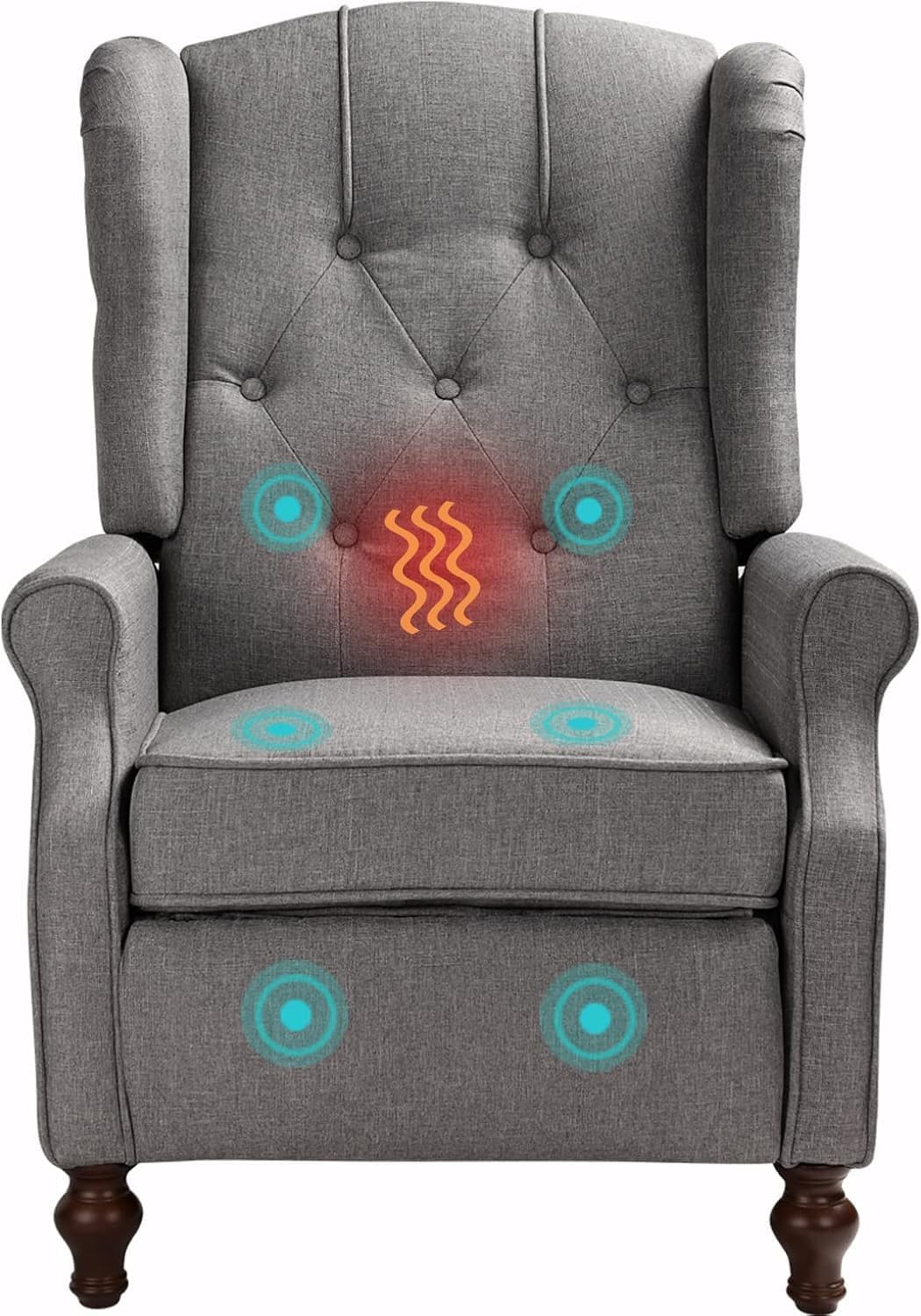 Wingback Recliner Chair Set of 2 with Massage and Heat, Push Back Accent Armchair with Adjustable Backrest, Nailhead Trim, Upholstered Fabric Chair for Living Room, Small Spaces(Light Gray)