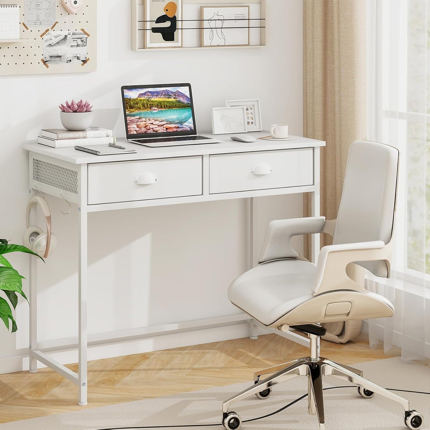Tangkula Computer Desk with 2 Storage Drawers & 4 Hooks, Home Office Study Writing Desk with Metal Frame, Computer Workstation, Space Saving Laptop Desk for Bedroom Living Room (White)