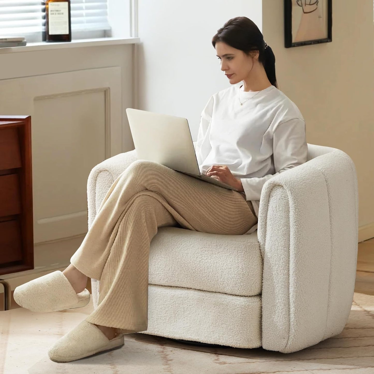 SUNWAVE Swivel Accent Chair Set of 2, 360-degree Swivel Barrel Chair with Teddy Upholstery, Comfy Pumpkin-Shaped Accent Chair for Living Room, Bedroom, or Office (2, Brown, 37")