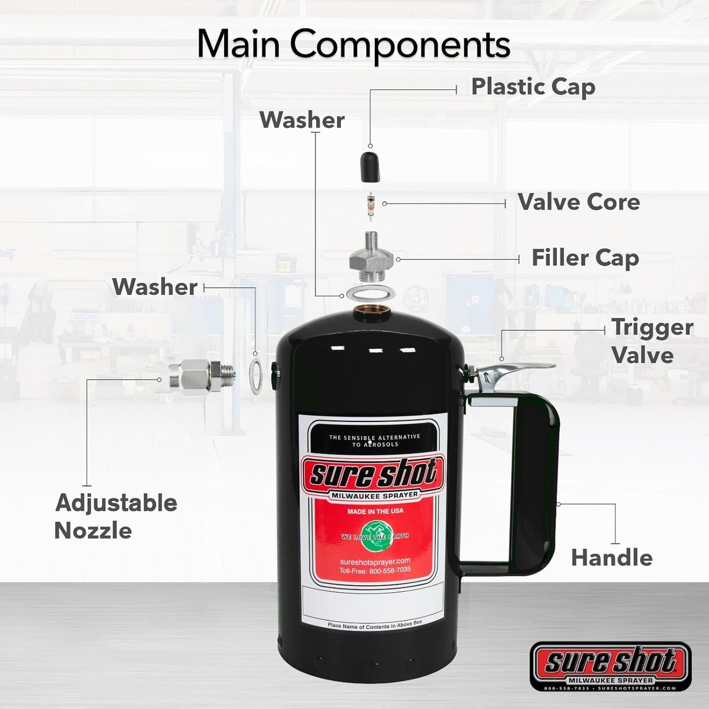 SURE SHOT A1002 1-Quart Non Aerosol Sprayer - Refillable Pressurized Sprayer Can for Oil, Solvent, Degreasers, Lubricants - Rechargeable Steel Canister with Adjustable Nozzles - Made in the USA - 32oz