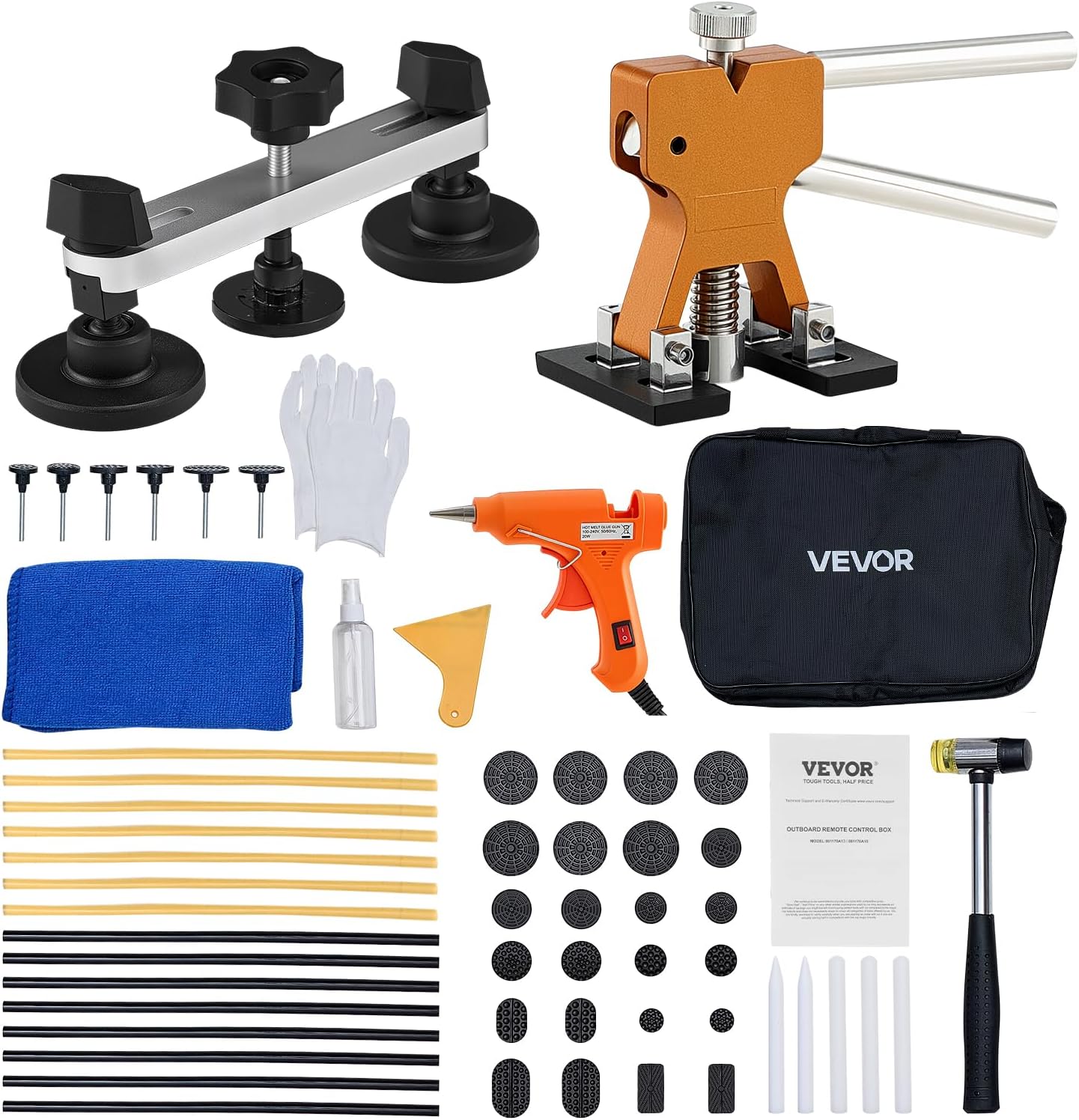 VEVOR 117 PCS Dent Removal Kit, Paintless Dent Repair Kit with Golden Lifter, Bridge Puller, Slide Hammer T-bar Dent Puller, Suction Cup Dent Puller for Auto Body Dents, Hail Damage, Door Ding