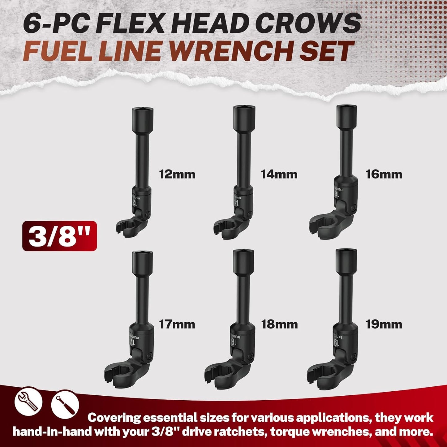 BILITOOLS 6PCS Long Flex Head Crows Foot Line Wrench Set, 3/8" Drive Injector Fuel Line Sockets Wrench Set, Crowfoot Flare Nut Socket Wrench Metric 12 14 16 17 18 19 mm