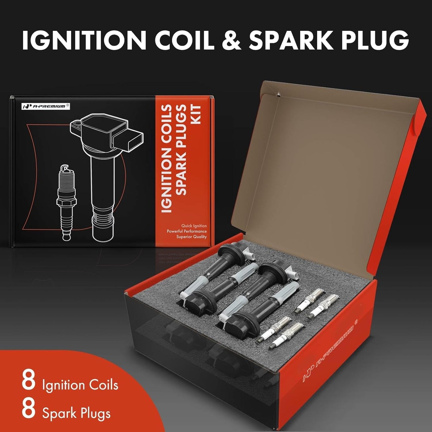 A-Premium Set of 8 Ignition Coil Pack and Iridium Spark Plugs Compatible with Ford Mustang 2015 2016 2017 2018 5.2L