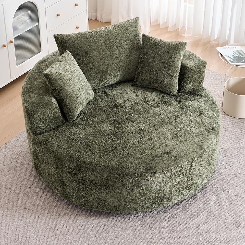 54.33" Oversized Round Chaise Longue Chair Indoor, 360° Swivel Round Upholstered Sofa, Modern Chenille Accent Chair with Pillow for Living Room, Bedroom Apartment,Green