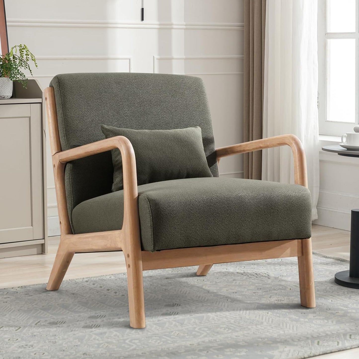 ANJ Modern Arm Chairs Set of 2, Mid-Century Modern Accent Chair Upholstered Lounge Chair with Pillow and Solid Wood Frame, Comfy Lambswool Chairs for Living Room