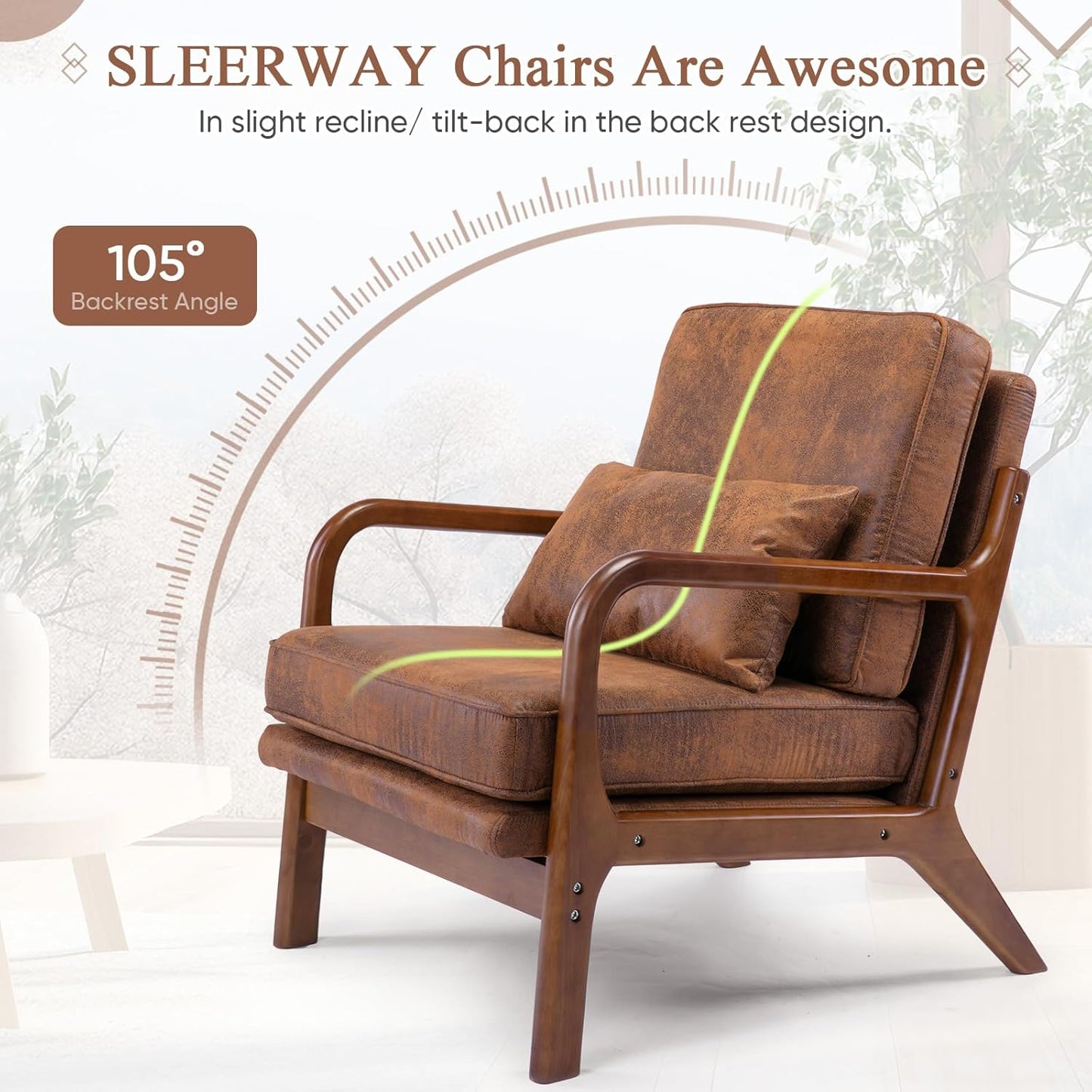 Accent Chair Set of 2- Mid-Century Modern Chairs Living Room Furniture Set Bedroom Reading, Solid Wood Arm Chair Lumber Pillow, Comfy Cushion Ergonomic Lounge Armchair Brown Leather Office Side Chair
