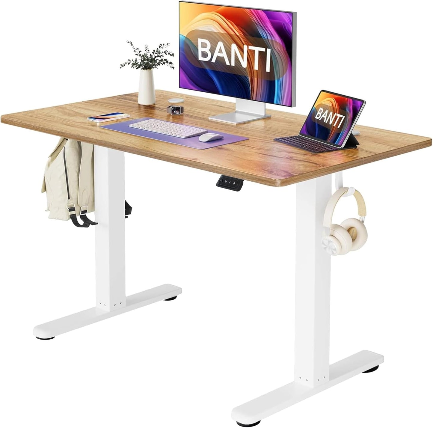 BANTI 55''x24''Height Adjustable Electric Standing Desk, Stand up Table, Sit Stand Home Office Desk with Splice Board, Rustic Brown Top