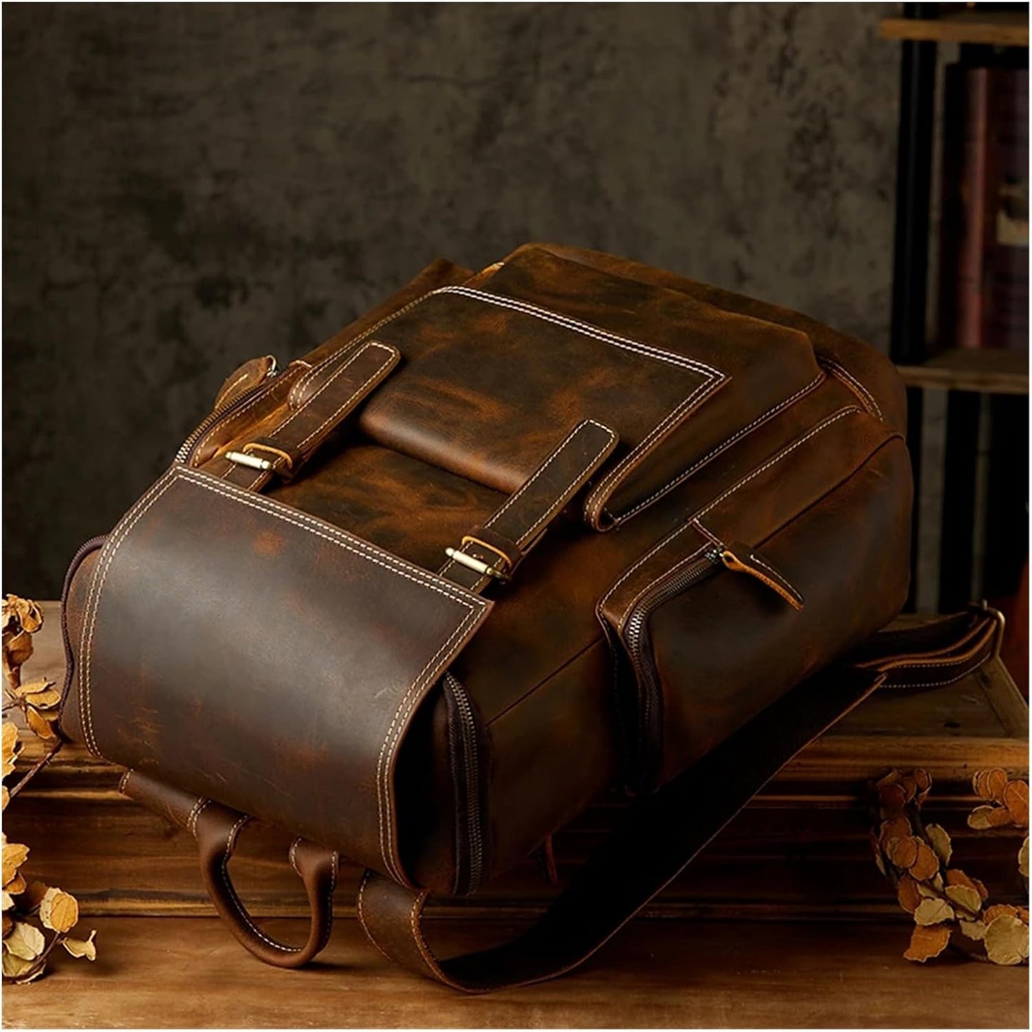 Vintage Genuine Leather Backpack for Men Handmade Shoulder Bag Cowhide Travel Bag Large Capacity Mens Retro Laptop Bag(Brown)