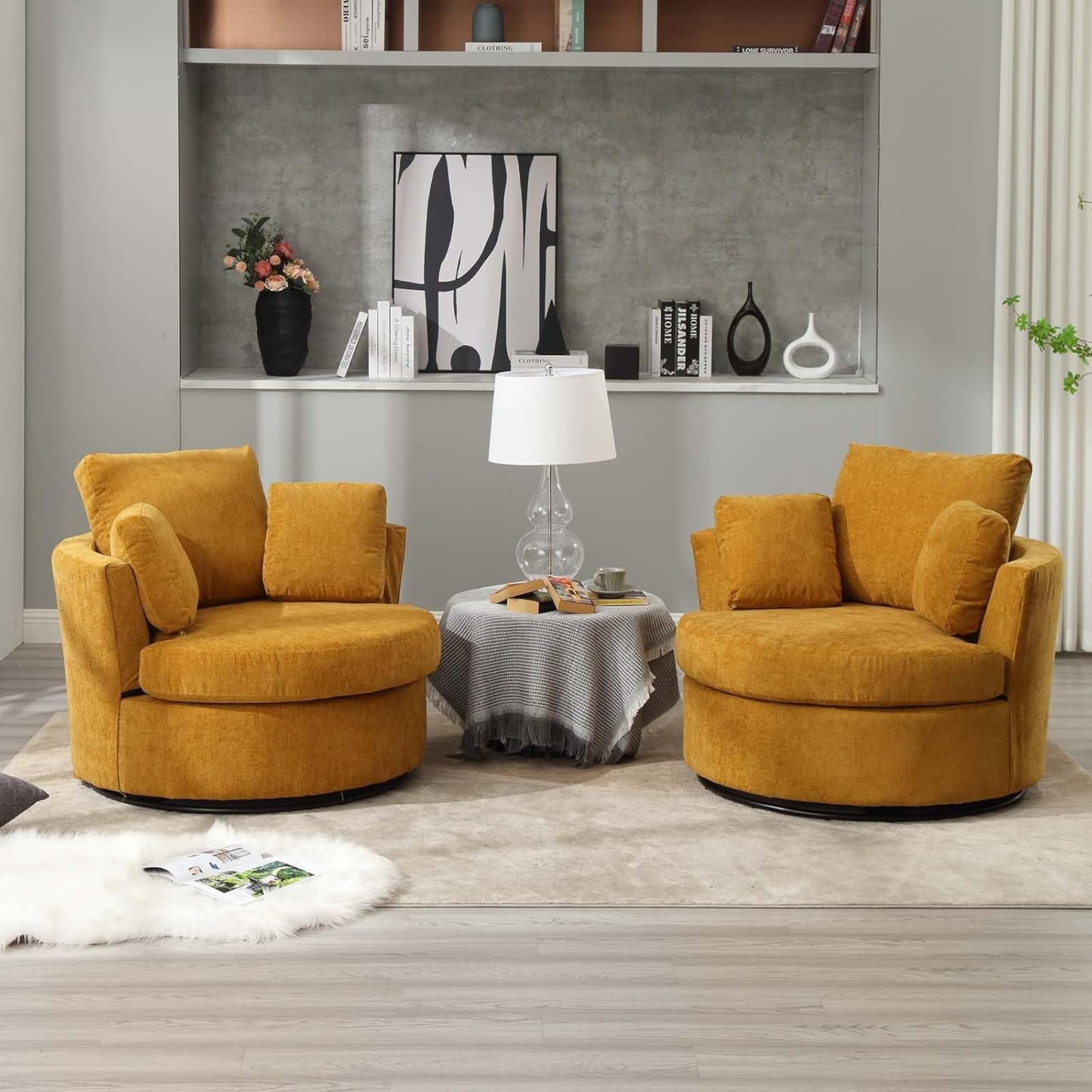 Swivel Barrel Chair Set of 2, Modern Fabric Oversized 360 Degree Club Accent Arm Chairs, Single Round Living Room Sofa Chair w/ 3 Pillows for Nursery, Bedroom, Reading, Office, Ivory