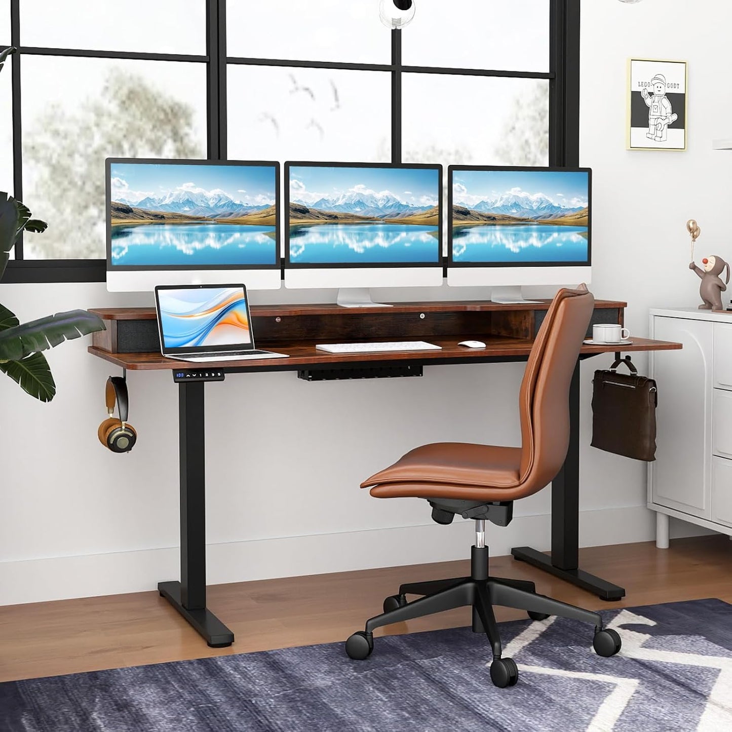 Tangkula 63" x 24" Standing Desk with Drawers, Electric Stand-up Desk with Monitor Stand, Side Hooks, 3 Memory Heights, Anti-Collision Design, Height Adjustable Sit Stand Desk for Home Office