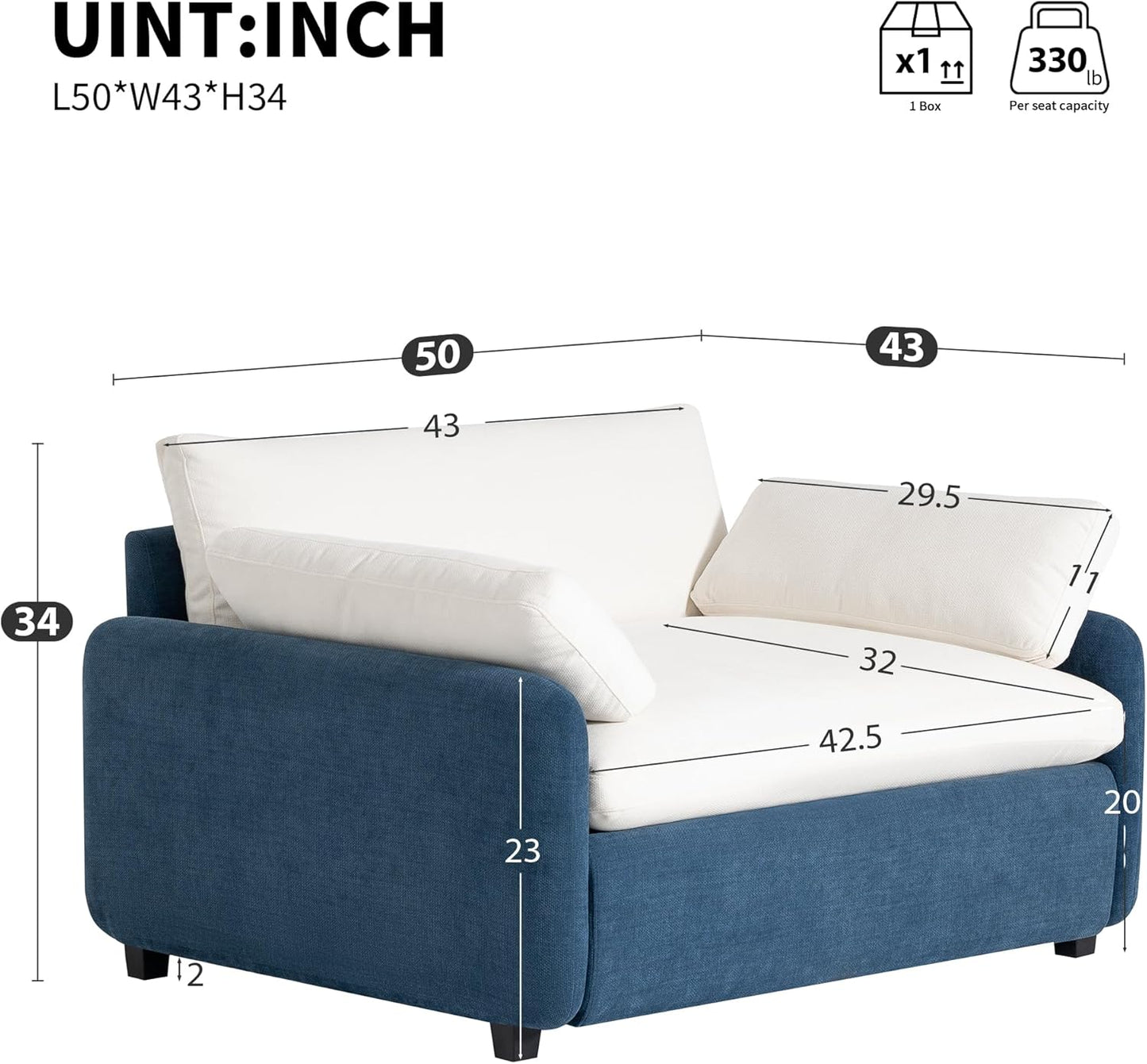 50*43" Oversized Chenille Single Sofa Chair, Wide and Deep Seat Accent Chair, Modern Upholstered Comfy Armchair, Color Blocking Couch Lounge with Pillows for Living Room,Apartment,Bedroom, Blue+Cream