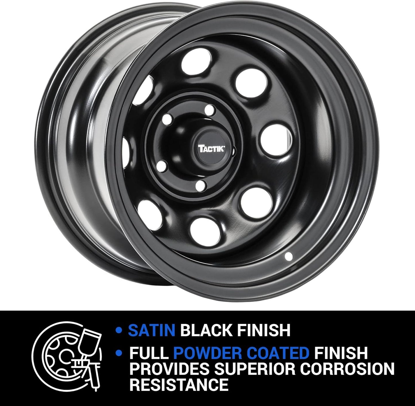 TACTIK Circle 8 Classic 15 Inch Solid Steel Wheel, Black - 15x10, 5x4.5 Bolt Pattern (-38.1mm Offset), 4" Backspace - Fits Jeep 1984-2006 Wrangler, Wagoneer, Comanche, Grand Cherokee TJ YJ MJ ZJ XJ LJ