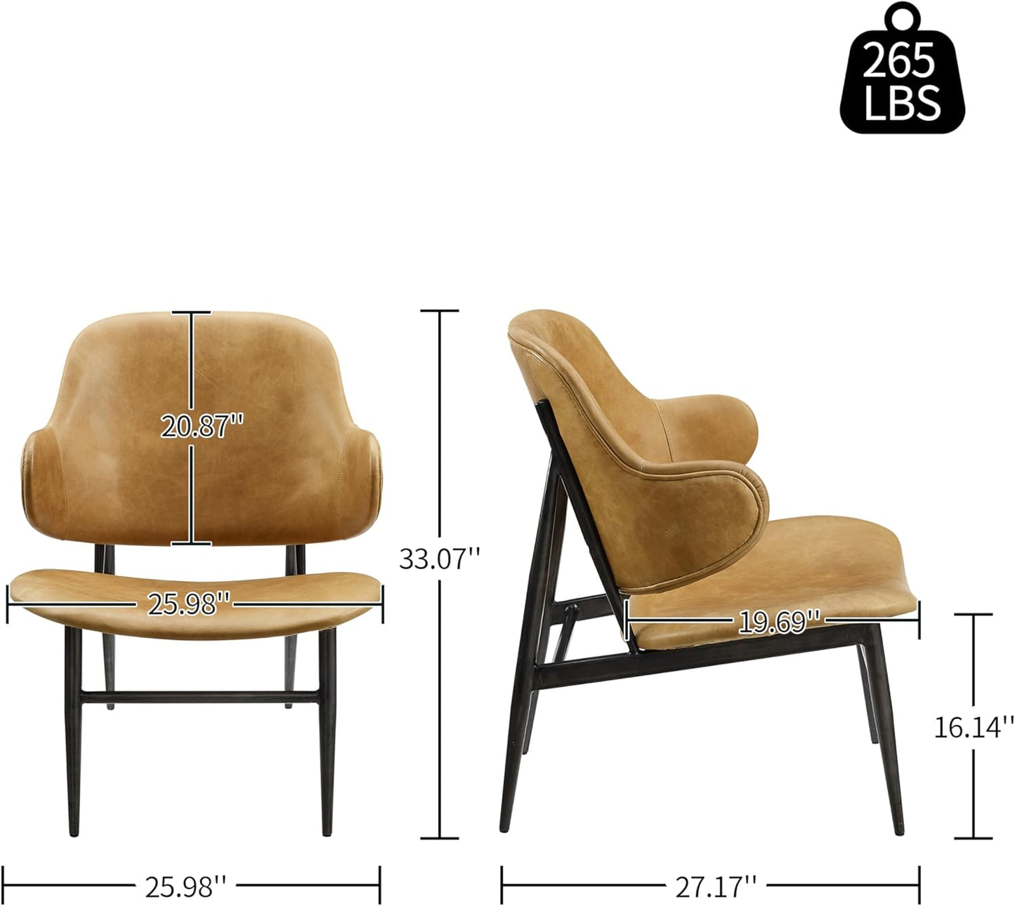 Art Leon Genuine Leather Accent Chair, Mid Century Modern Side Chair with Black Metal Frame, Upholstered Arm Chair for Living Room Bedroom, Light Brown