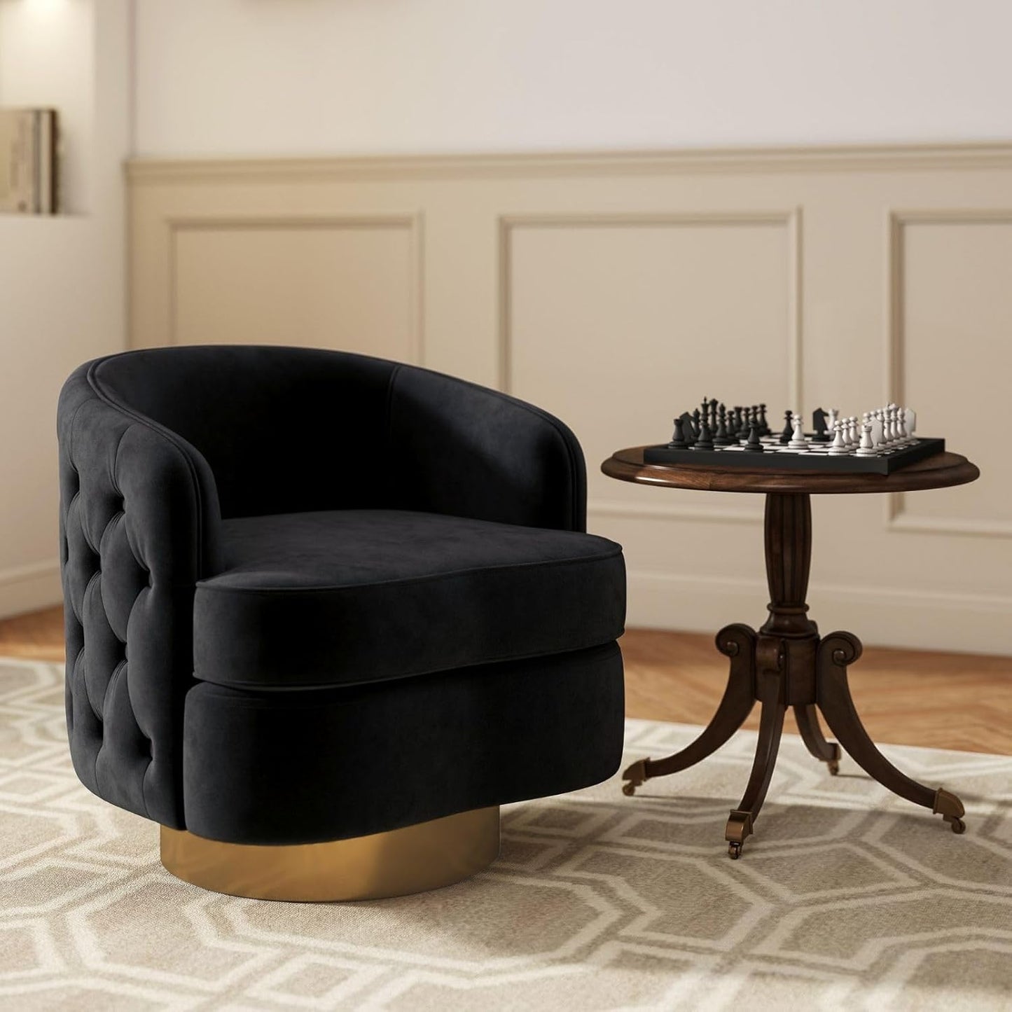 Black Modern Accent Chair, Swivel Barrel Armchair for Living Room, Button Tufted Velvet Comfy Chairs, Round Upholstered Single Sofa Seating with Gold Base
