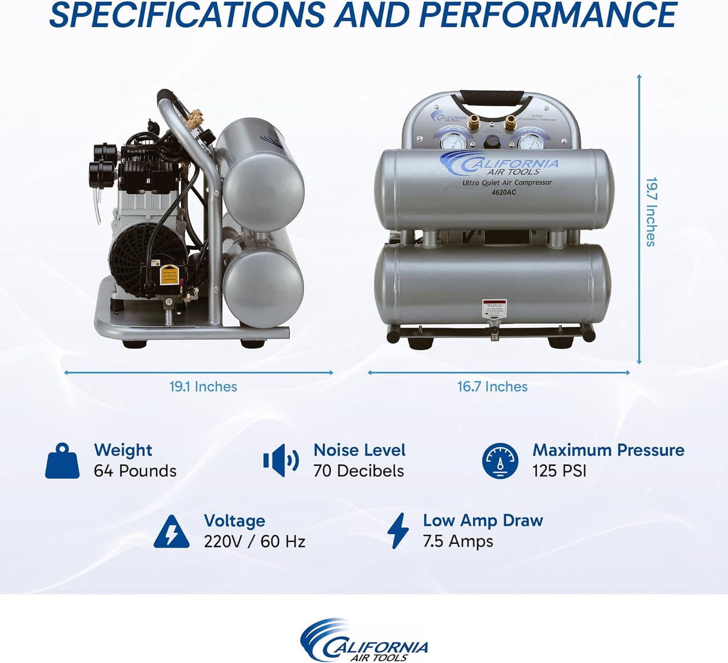 California Air Tools 4620AC Powerful 2.0 HP Ultra Quiet and Oil-Free Air Compressor, 4.6 Gallon Tank Capacity, 70 dB Noise Level, Electric, Portable, 110v / 60hz, Silver