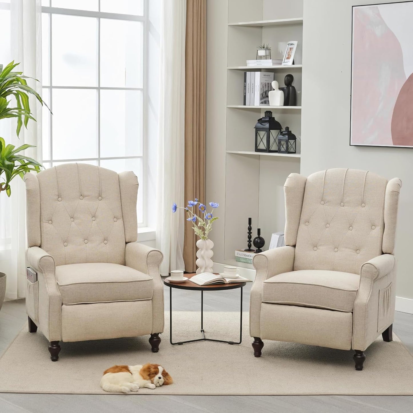 BINGTOO Wingback Recliner Chair with Massage and Heat Pushback Recliner Chair Mid Century Accent Chairs Tufted Fabric with Rivet Decoration for Living Room Bedroom