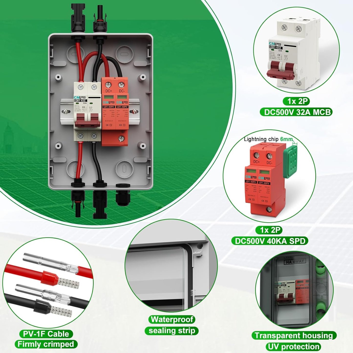 Solar Disconnect Switch 32 Amp DC 500V Circuit Breaker with Lightning Surge Protector Arrester and IP65 Breaker Box Plug-and-Play for Outdoor Solar Panel System
