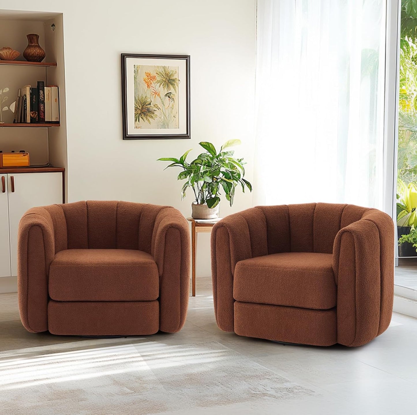 SUNWAVE Swivel Accent Chair Set of 2, 360-degree Swivel Barrel Chair with Teddy Upholstery, Comfy Pumpkin-Shaped Accent Chair for Living Room, Bedroom, or Office (2, Brown, 37")
