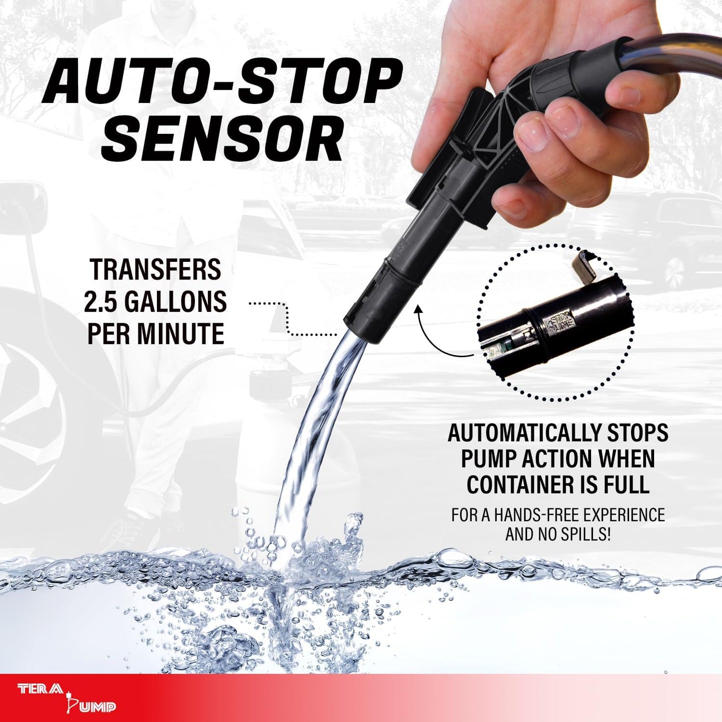 TERA PUMP TRFA01-XL 2nd Gen. Battery Powered Overfill Protection Fuel Transfer Pump w/Universal Gas Can & Utility Jug Adapter, 4.27ft Vinyl Hose, 2.5 GPM for Gas Diesel E15 E85 Fuels