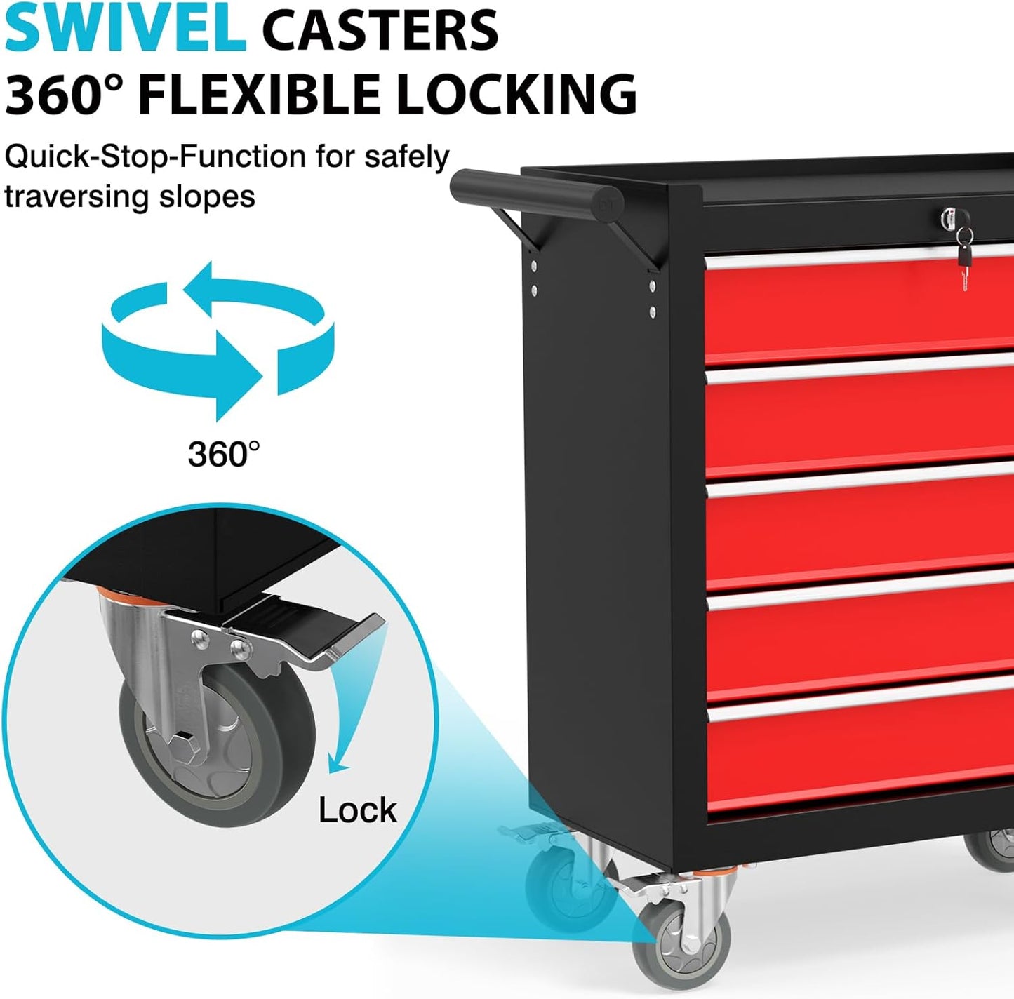 5 Drawers Rolling Tool Chest, Portable Storage Tool Box with Wheels, Rolling Tool Box with Lock for Warehouse, Garage, Repair Shop and Tool Room