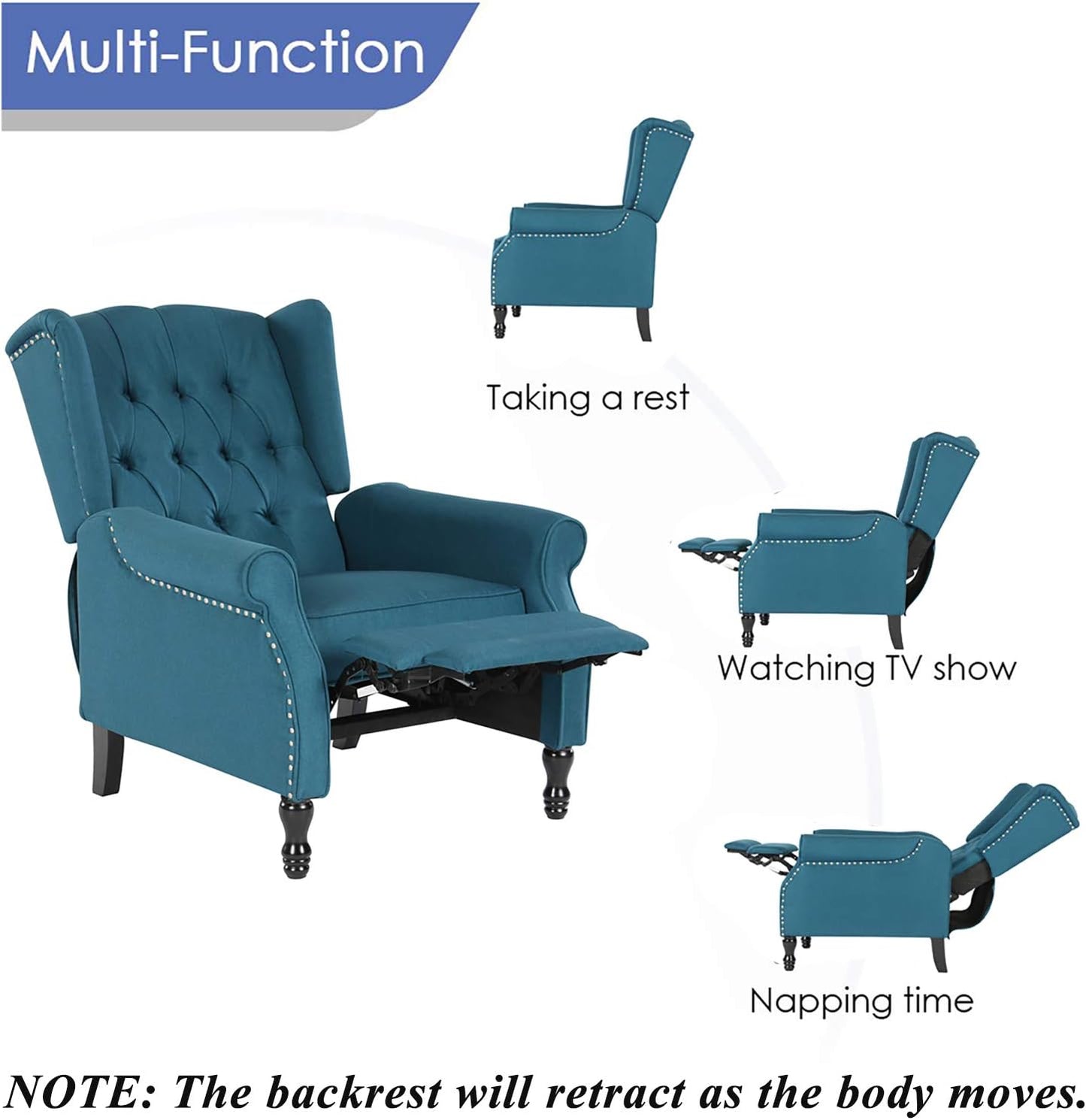 Artechworks Tufted Fabric Push Back Arm Chair Recliner Modern Single Reclining for Adjustable Club Chair Home Theater Padded Seat Living Room Lounge Sofa Blue