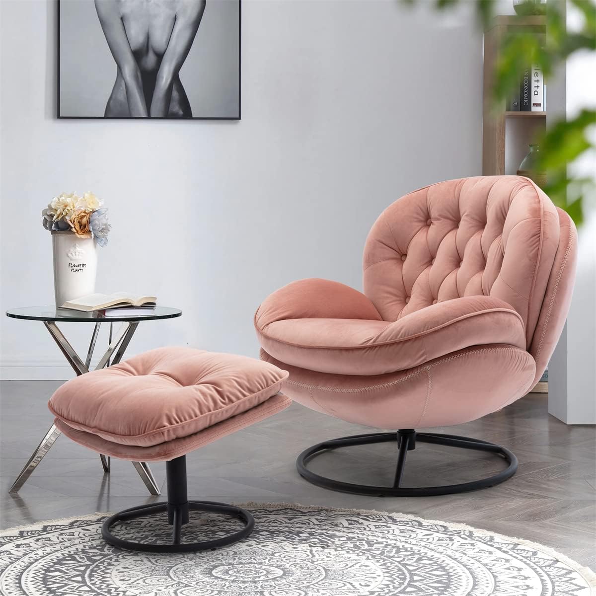 TRIPLE TREE Modern Swivel Accent Chair, Mid-Century Lounge Chair and Ottoman Set, Velvet Upholstered Button Tufted Recliner Chair, Reading Chair with Footrest for Living Room Indoor Bedroom, Black