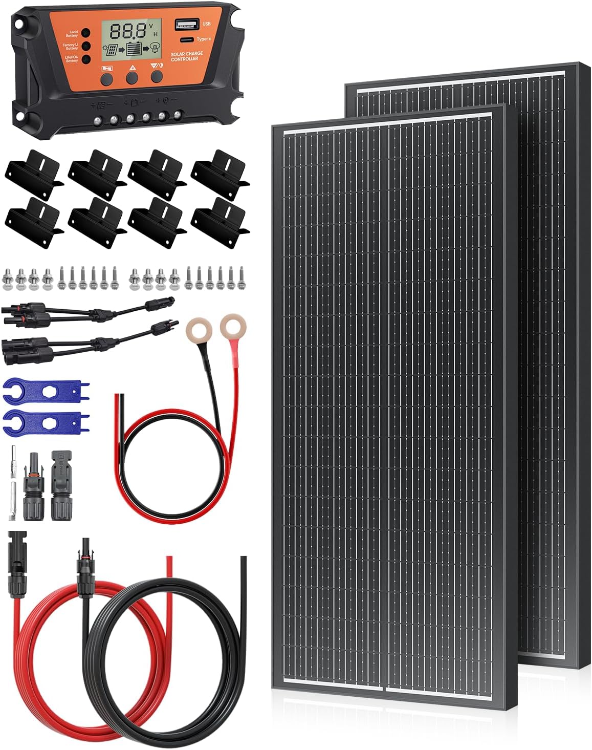 100 Watt 12V Solar Panel Kit with 30A PWM Charger Controller, 10AWG Solar Cable & Tray Cable, Z Brackets for RV, Battery, Boat, Camper, Cabin, Off-Grid System (100W Solar Panel Kit)